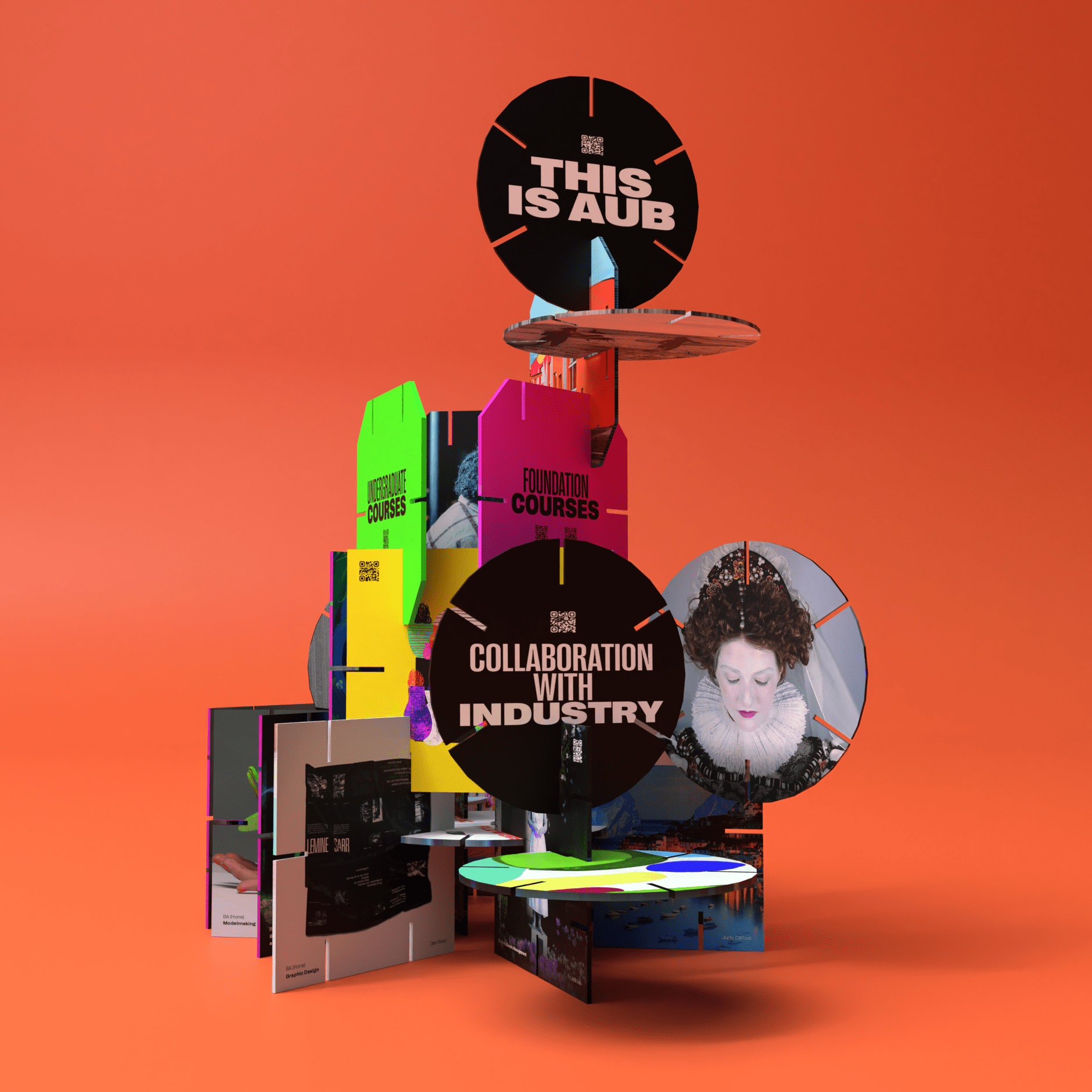 A creative and colorful promotional display for AUB (Arts University Bournemouth), featuring various elements like circular signs, neon colors, and images stacked in an abstract, eye-catching manner against an orange background. The text on the signs includes phrases like 