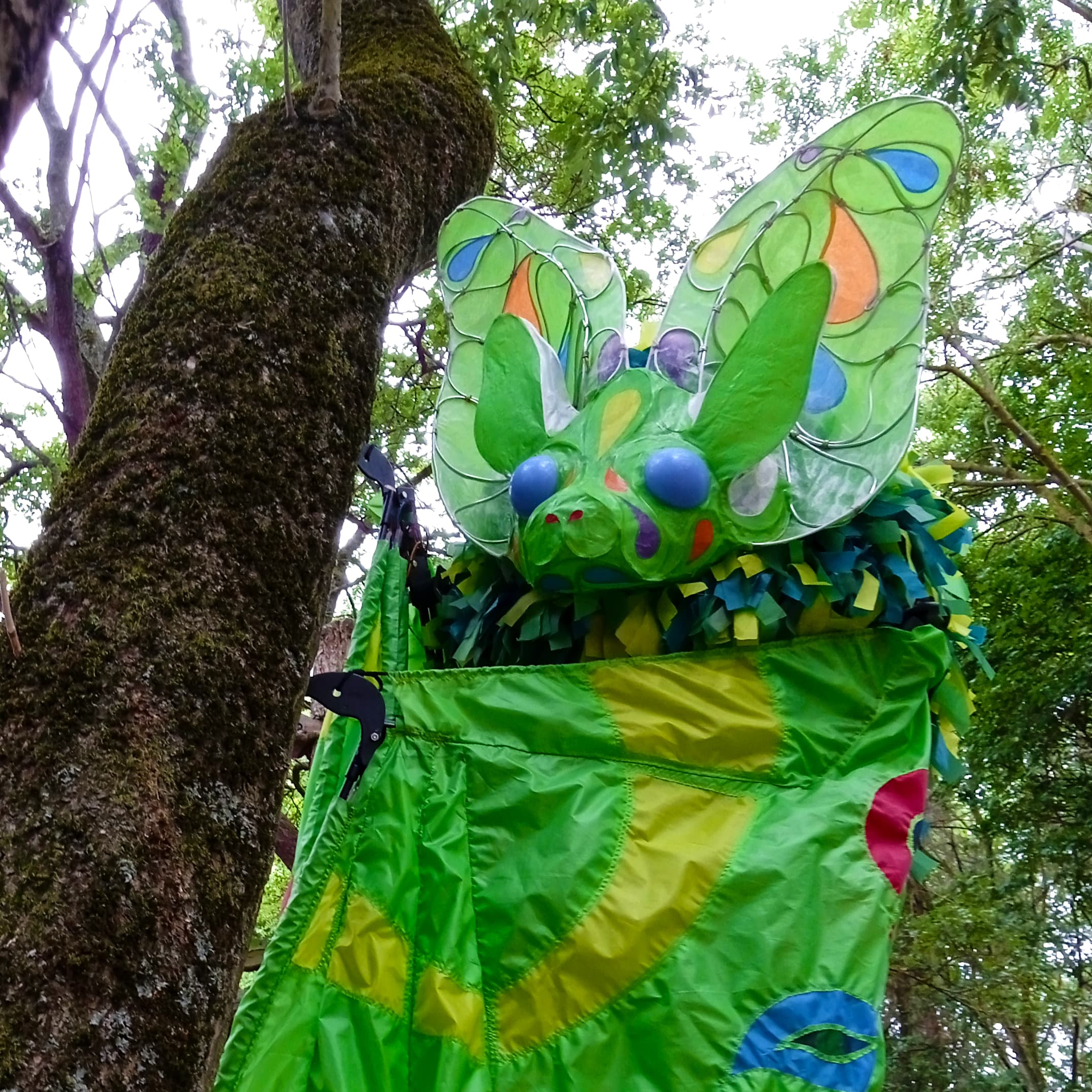 A large, vibrant green puppet resembling a whimsical bat is attached to a tree.